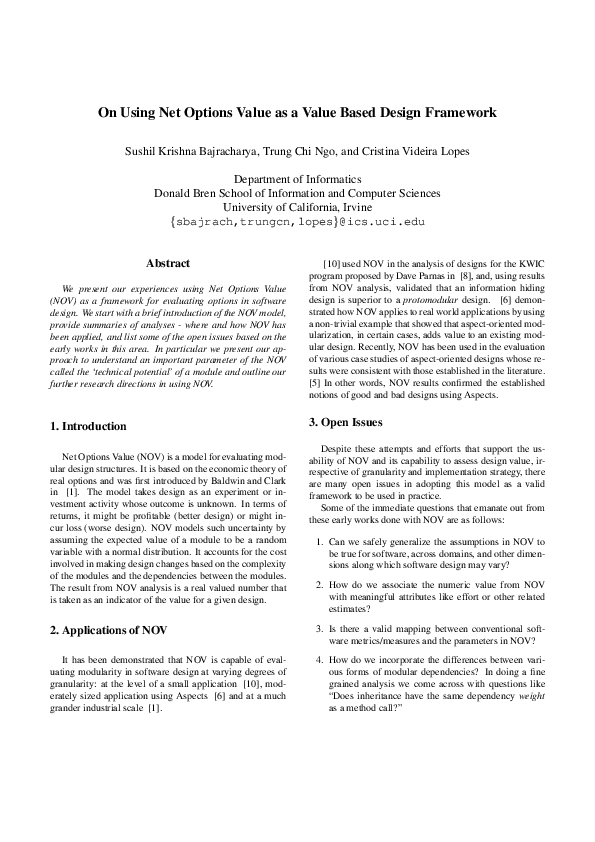 (PDF) On using Net Options Value as a value based design framework