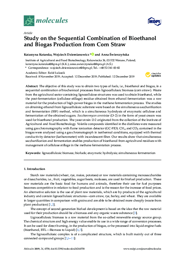 (PDF) Study on the Sequential Combination of Bioethanol and Biogas ...
