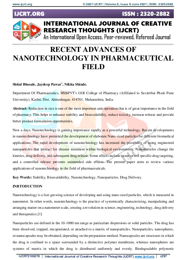 (PDF) Recent Advances of Nanotechnology in Pharmaceutical Field