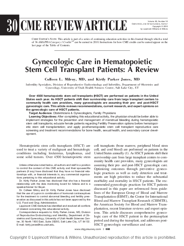 (PDF) Gynecologic Care in Hematopoietic Stem Cell Transplant Patients ...