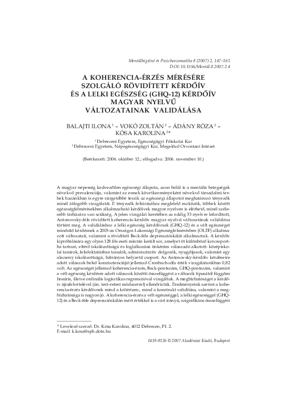 (PDF) Validation of the Hungarian versions of the abbreviated sense of