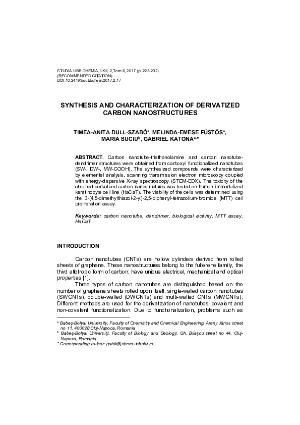 (PDF) Synthesis and Characterization of Derivatized Carbon Nanostructures