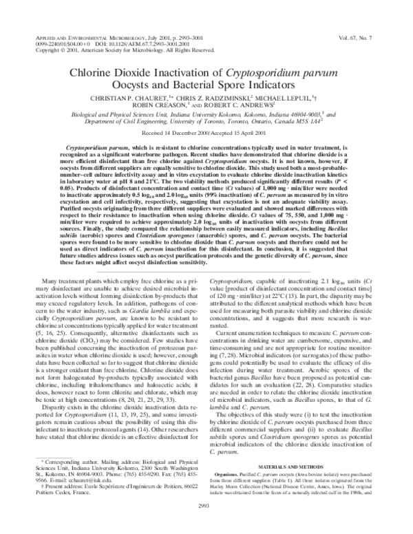(PDF) 2001 Chlorine dioxide inactivation of Cryptosporidium parvum ...