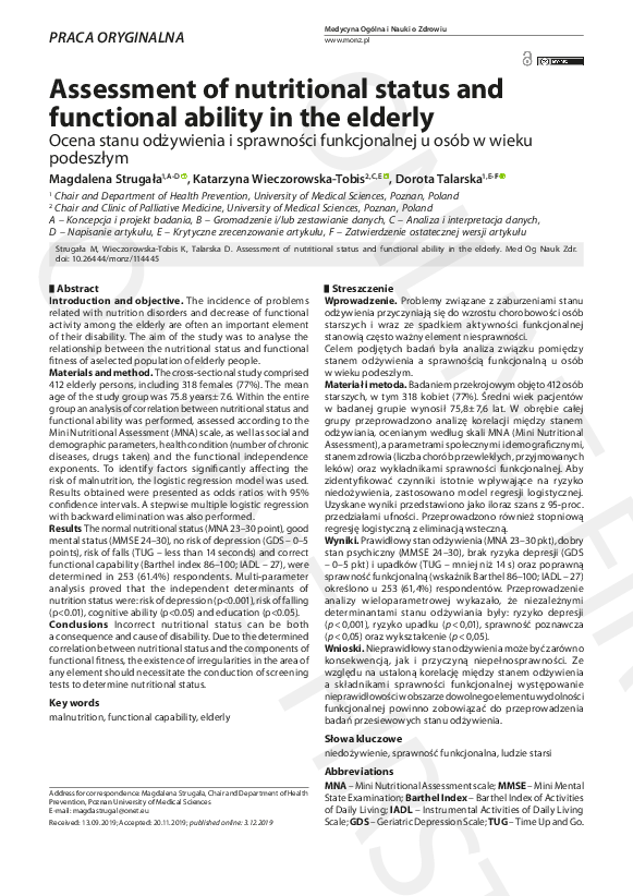 (PDF) Assessment of nutritional status and functional ability in the ...