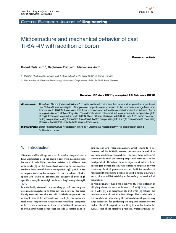 (PDF) Microstructure and mechanical behavior of cast Ti-6Al-4V with ...