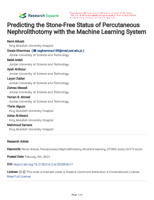 (PDF) Predicting the Stone-Free Status of Percutaneous Nephrolithotomy ...