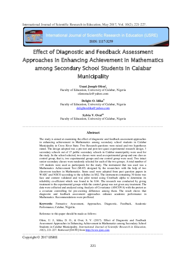 (PDF) Effect of Diagnostic and Feedback Assessment Approaches in ...