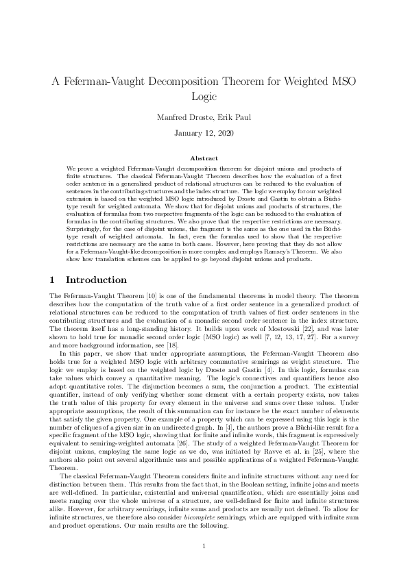 (PDF) A Feferman-Vaught Decomposition Theorem for Weighted MSO Logic