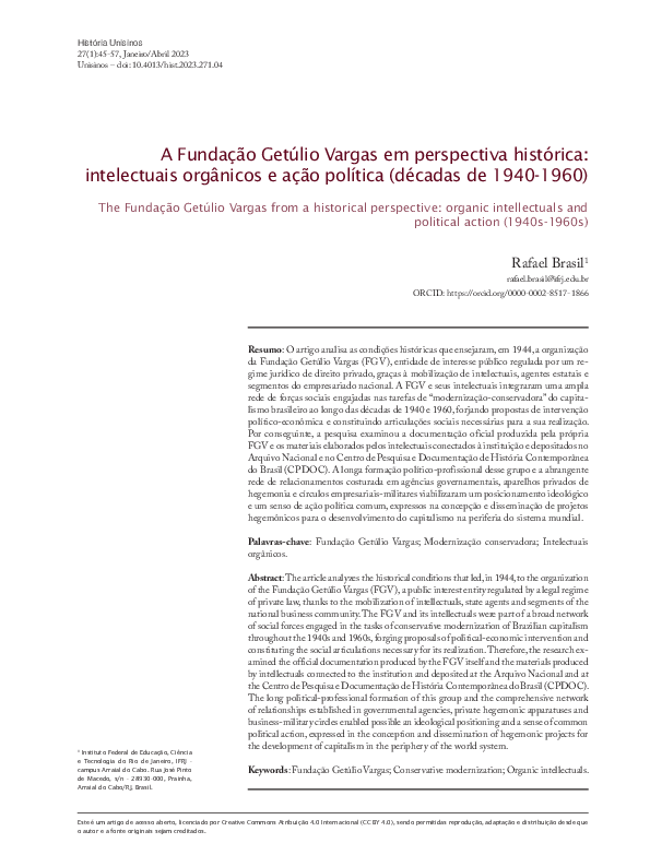 (PDF) A Fundação Getúlio Vargas em perspectiva histórica: intelectuais ...