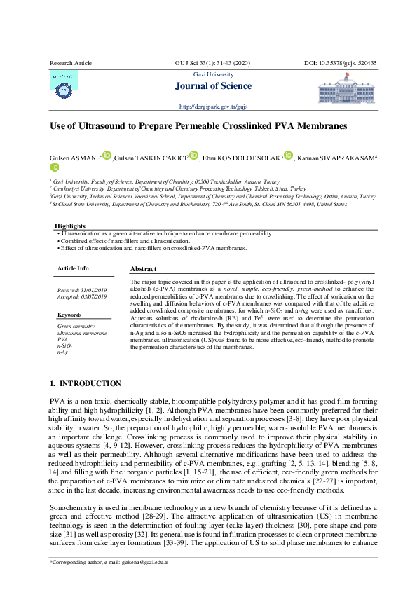 (PDF) Use of Ultrasound to Prepare Permeable Crosslinked PVA Membranes
