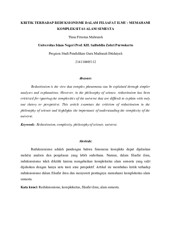 Pengertian Filsafat Reduksionisme Pengertian Filsafat Reduksionisme
