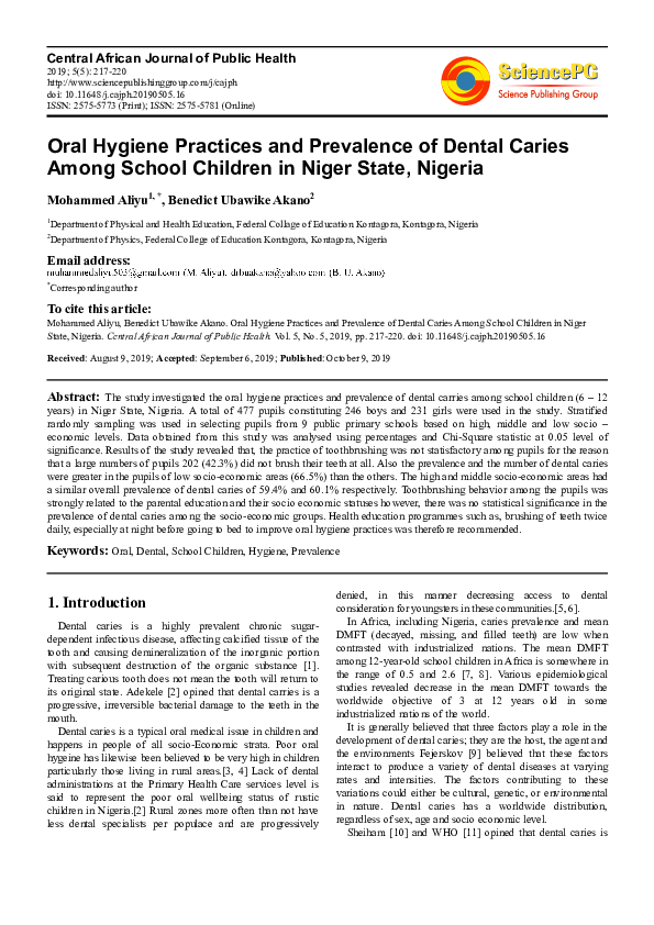 (PDF) Oral Hygiene Practices and Prevalence of Dental Caries Among ...