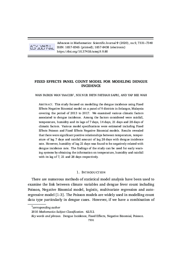 (PDF) Fixed Effects Panel Count Model for Modeling Dengue Incidence