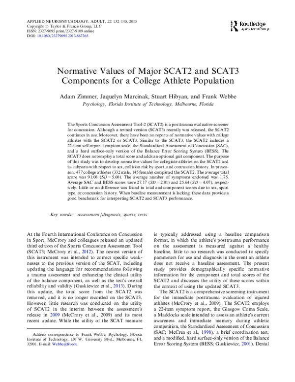 (PDF) Normative Values of Major SCAT2 and SCAT3 Components for a ...