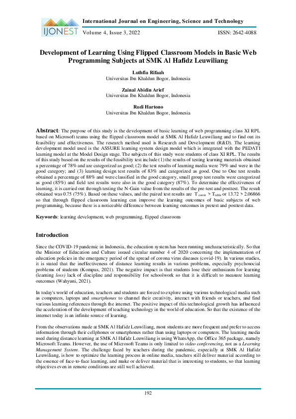 (PDF) Development of Learning Using Flipped Classroom Models in Basic ...