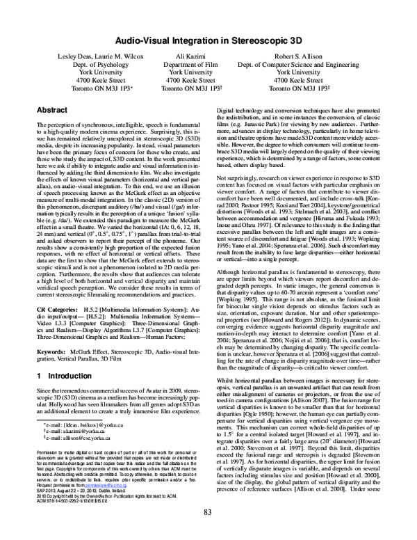 (PDF) Audio-visual integration in stereoscopic 3D