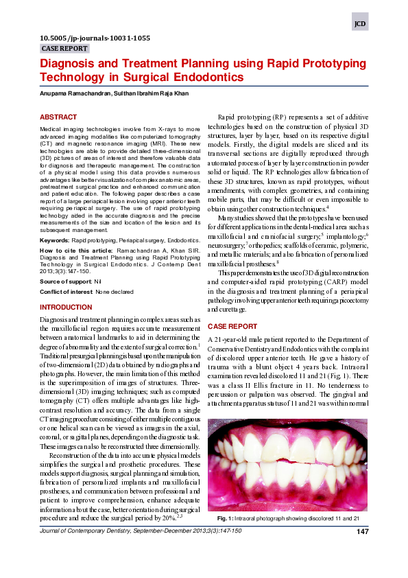 (PDF) Diagnosis and Treatment Planning using Rapid Prototyping Technology in Surgical