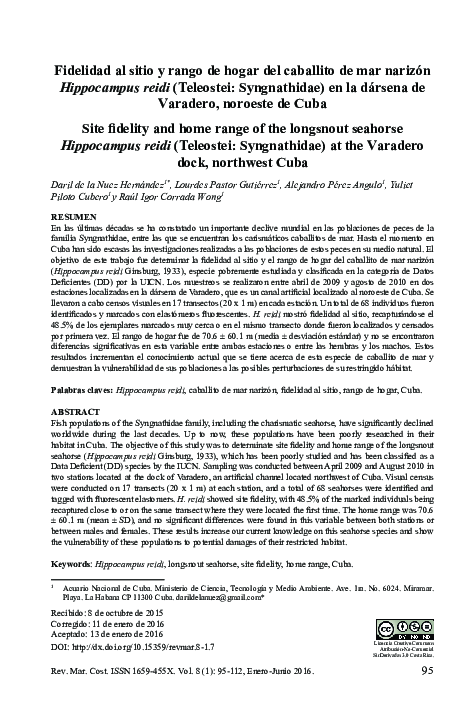 (PDF) Fidelidad al sitio y rango de hogar del caballito de mar narizón ...
