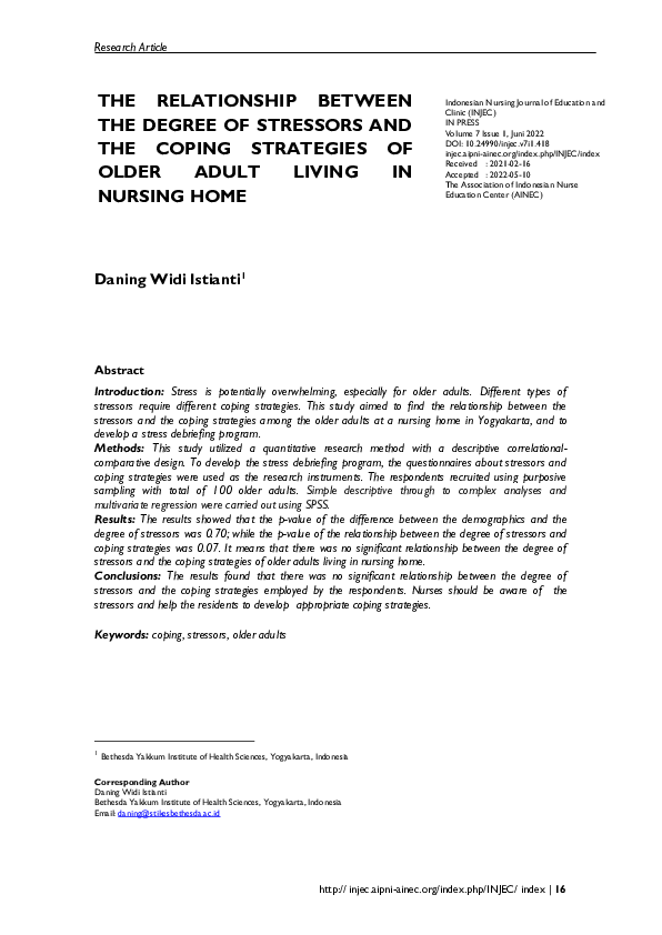 (PDF) The Relationship between the Degree of Stressors and the Coping ...