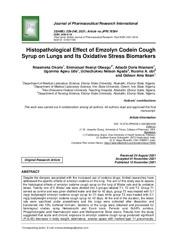 (PDF) Histopathological Effect of Emzolyn Codein Cough Syrup on Lungs