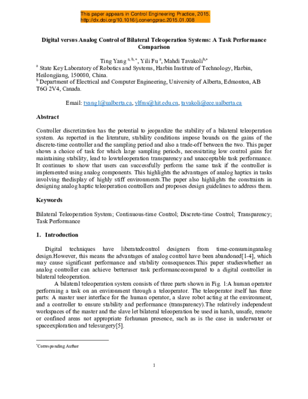 (PDF) Digital versus analog control of bilateral teleoperation systems ...