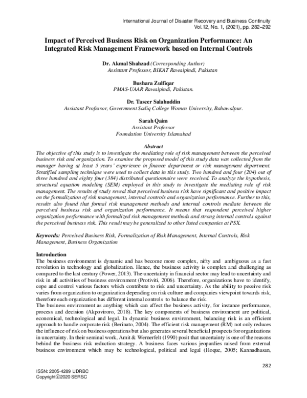 (PDF) Impact of Perceived Business Risk on Organization Performance: An ...