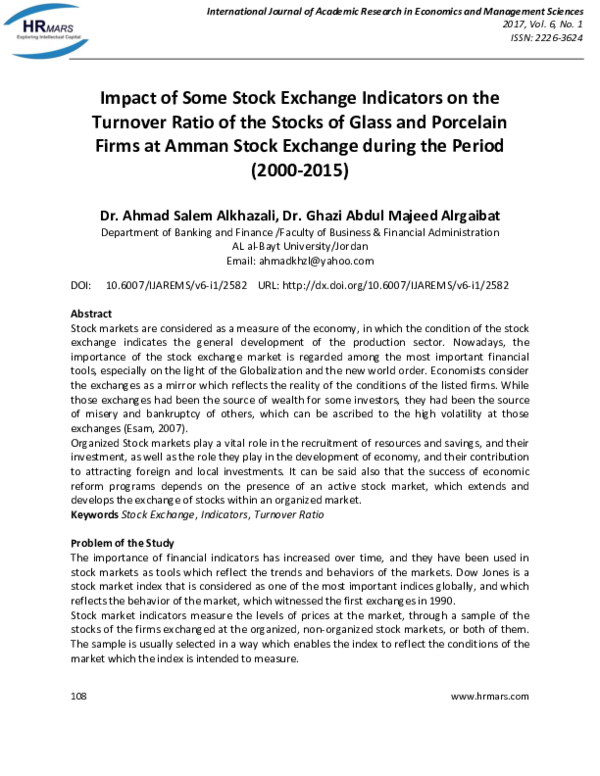 (PDF) Impact of Some Stock Exchange Indicators on the Turnover Ratio of ...