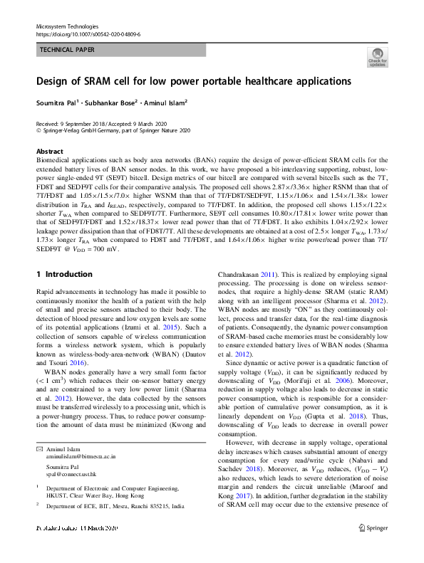 (PDF) Design of SRAM cell for low power portable healthcare applications