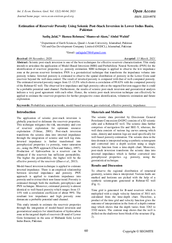 (PDF) Estimation of Reservoir Porosity Using Seismic Post-Stack ...