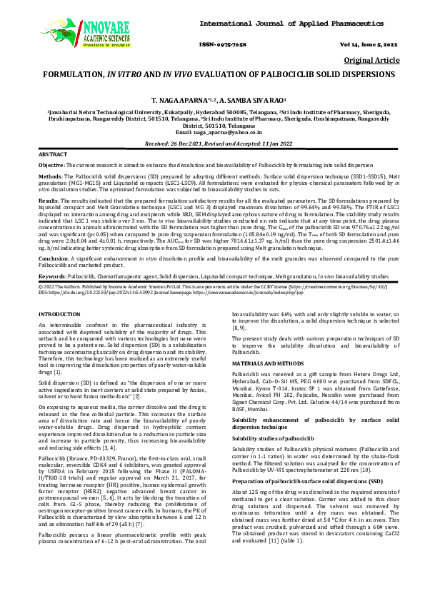 (PDF) FORMULATION, IN VITRO AND IN VIVO EVALUATION OF PALBOCICLIB SOLID ...