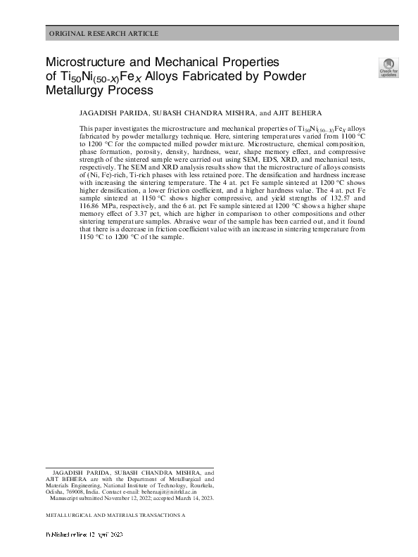 (PDF) Microstructure and Mechanical Properties of Ti 50 Ni (50-X) Fe X ...