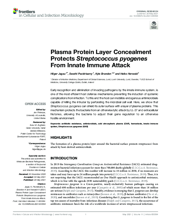 (PDF) Plasma Protein Layer Concealment Protects Streptococcus pyogenes ...