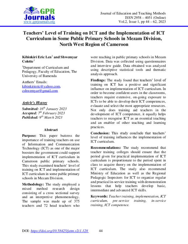 (PDF) Teachers’ Level of Training on ICT and the Implementation of ICT ...