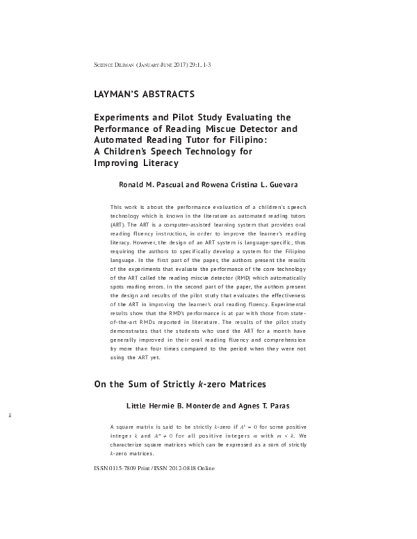(PDF) LAYMAN'S ABSTRACTS Experiments and Pilot Study Evaluating the ...