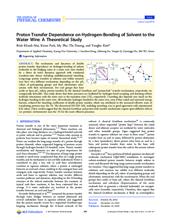 (PDF) Proton Transfer Dependence on Hydrogen-Bonding of Solvent to the ...