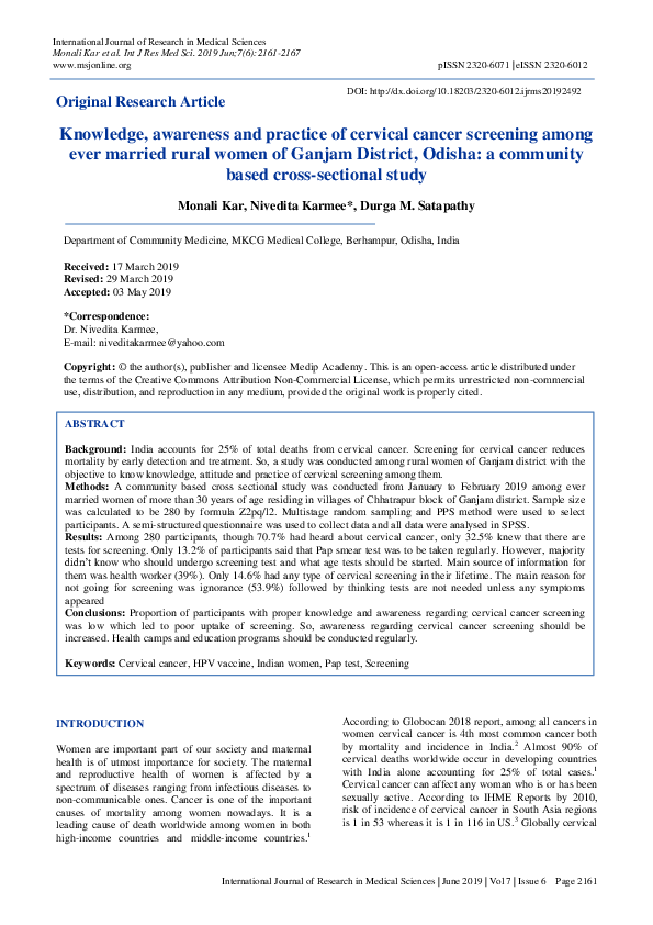 (PDF) Knowledge, awareness and practice of cervical cancer screening ...