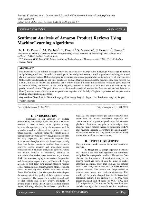 (PDF) Sentiment Analysis of Amazon Product Reviews Using Machine ...