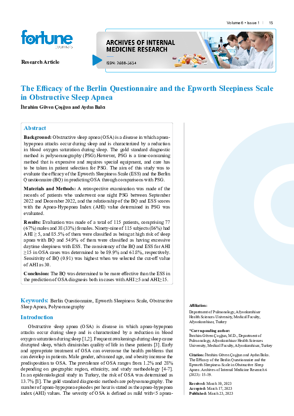 (PDF) The Efficacy of the Berlin Questionnaire and the Epworth