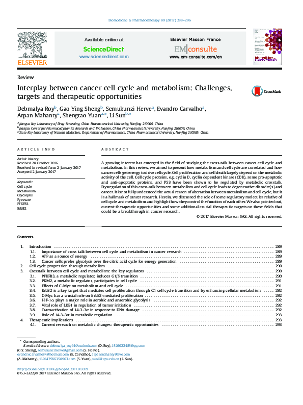 (PDF) Interplay between cancer cell cycle and metabolism: Challenges ...