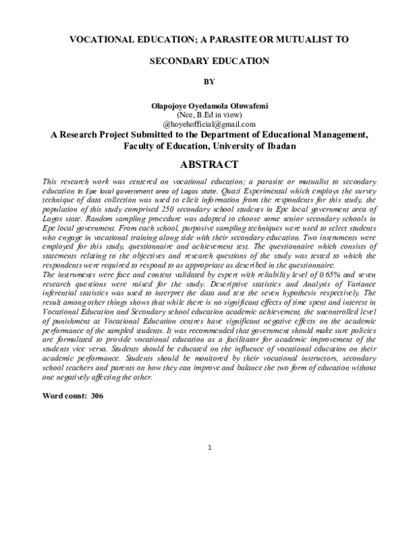 (PDF) Vocational Education A Parasite or Mutualist to Secondary Education