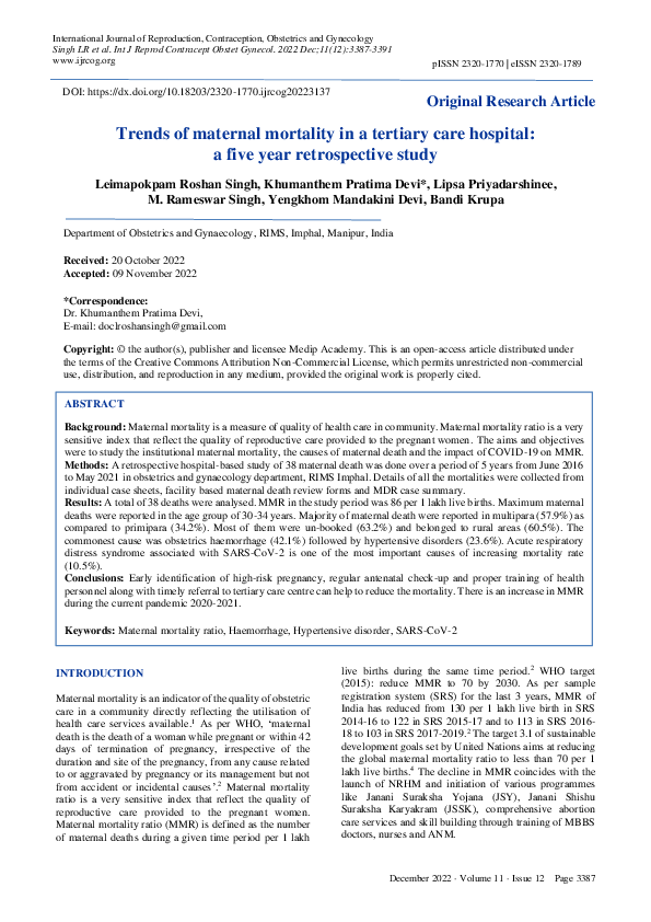 (PDF) Trends of maternal mortality in a tertiary care hospital: a five ...