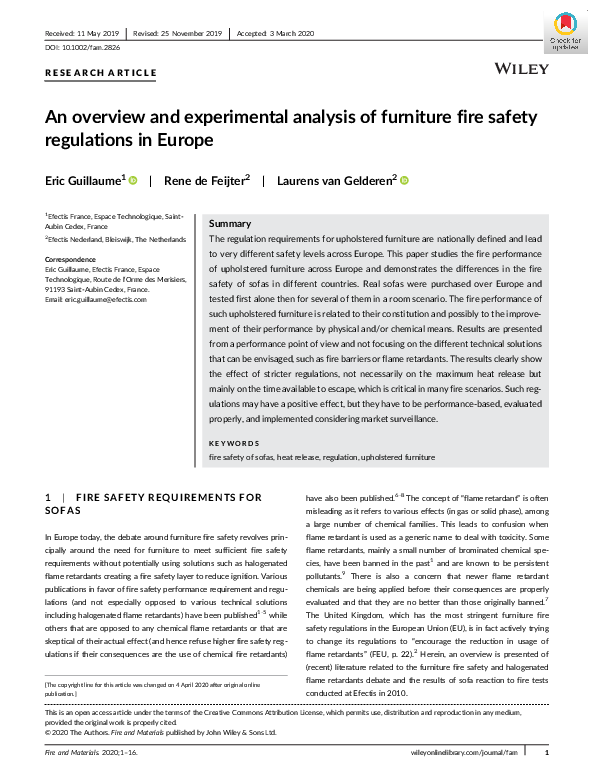 (PDF) An overview and experimental analysis of furniture fire safety regulations in Europe