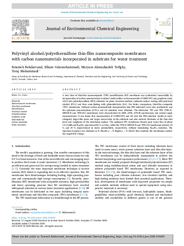 (PDF) Polyvinyl alcohol/polyethersulfone thin-film nanocomposite ...