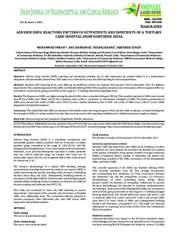 (PDF) ADVERSE DRUG REACTIONS PATTERN IN OUTPATIENTS AND INPATIENTS OF A ...