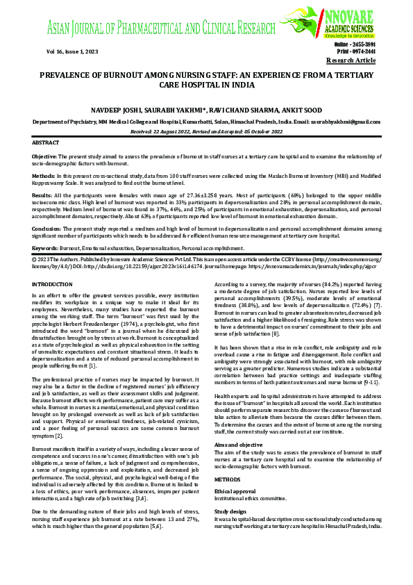 (PDF) PREVALENCE OF BURNOUT AMONG NURSING STAFF: AN EXPERIENCE FROM A ...