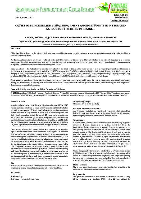 (PDF) CAUSES OF BLINDNESS AND VISUAL IMPAIRMENT AMONG STUDENTS IN ...