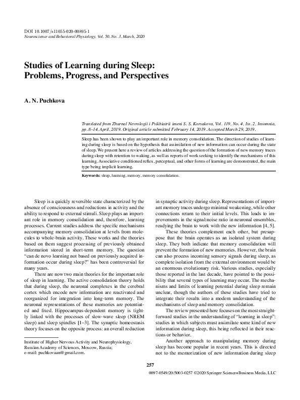 (PDF) Studies of Learning during Sleep: Problems, Progress, and ...