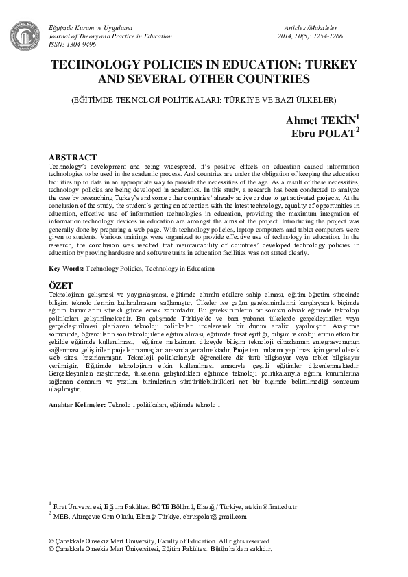 (PDF) Technology policies in education: Turkey and several other ...