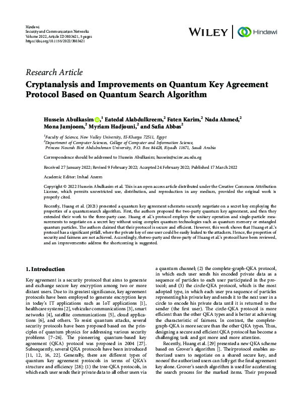 (PDF) Cryptanalysis and Improvements on Quantum Key Agreement Protocol ...