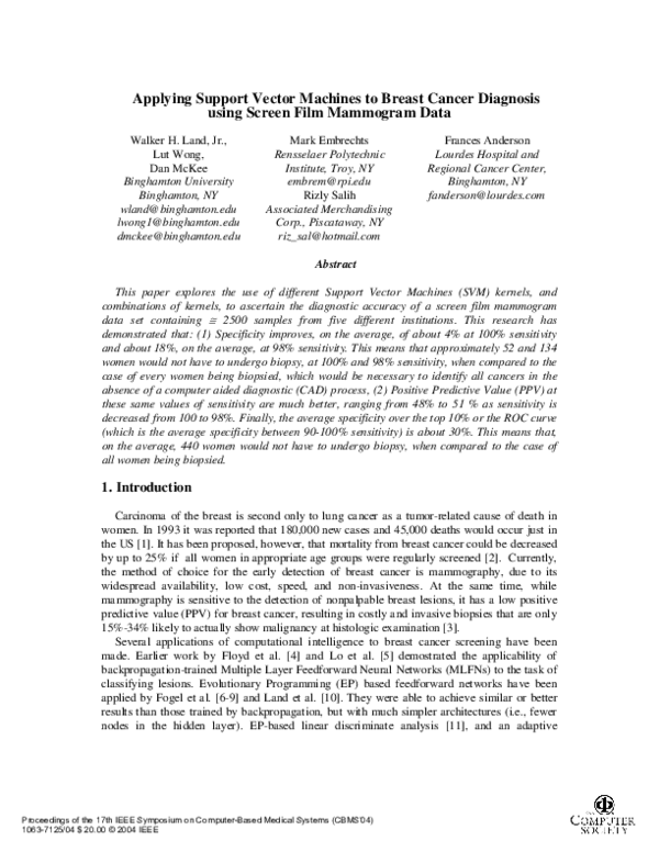 (PDF) Applying support vector machines to breast cancer diagnosis using